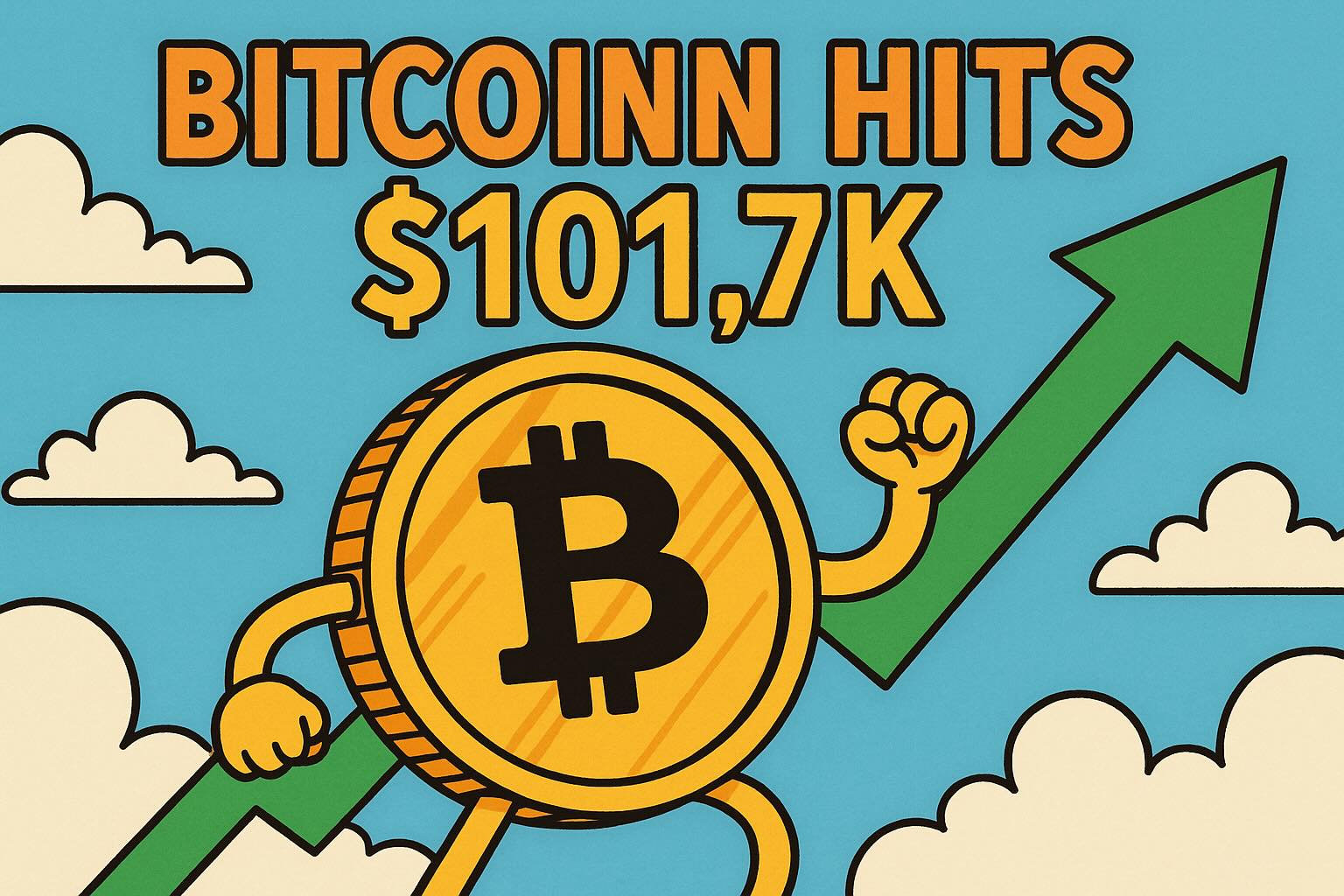 Comic-style image showing Bitcoin reaching $101.7K with arrow and smiling Bitcoin character