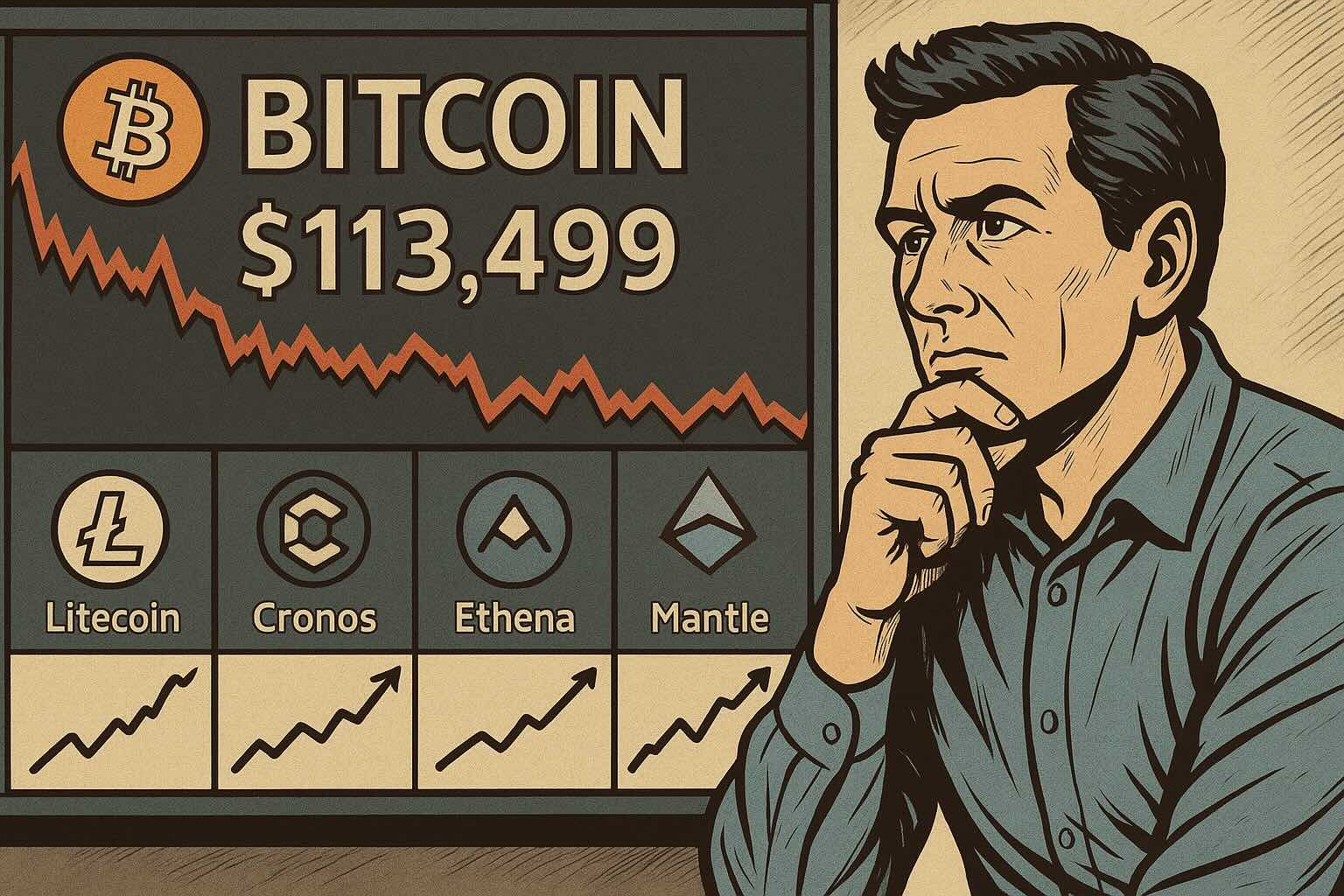 Chart showing Bitcoin decline and rising altcoin performance including Litecoin and Cronos