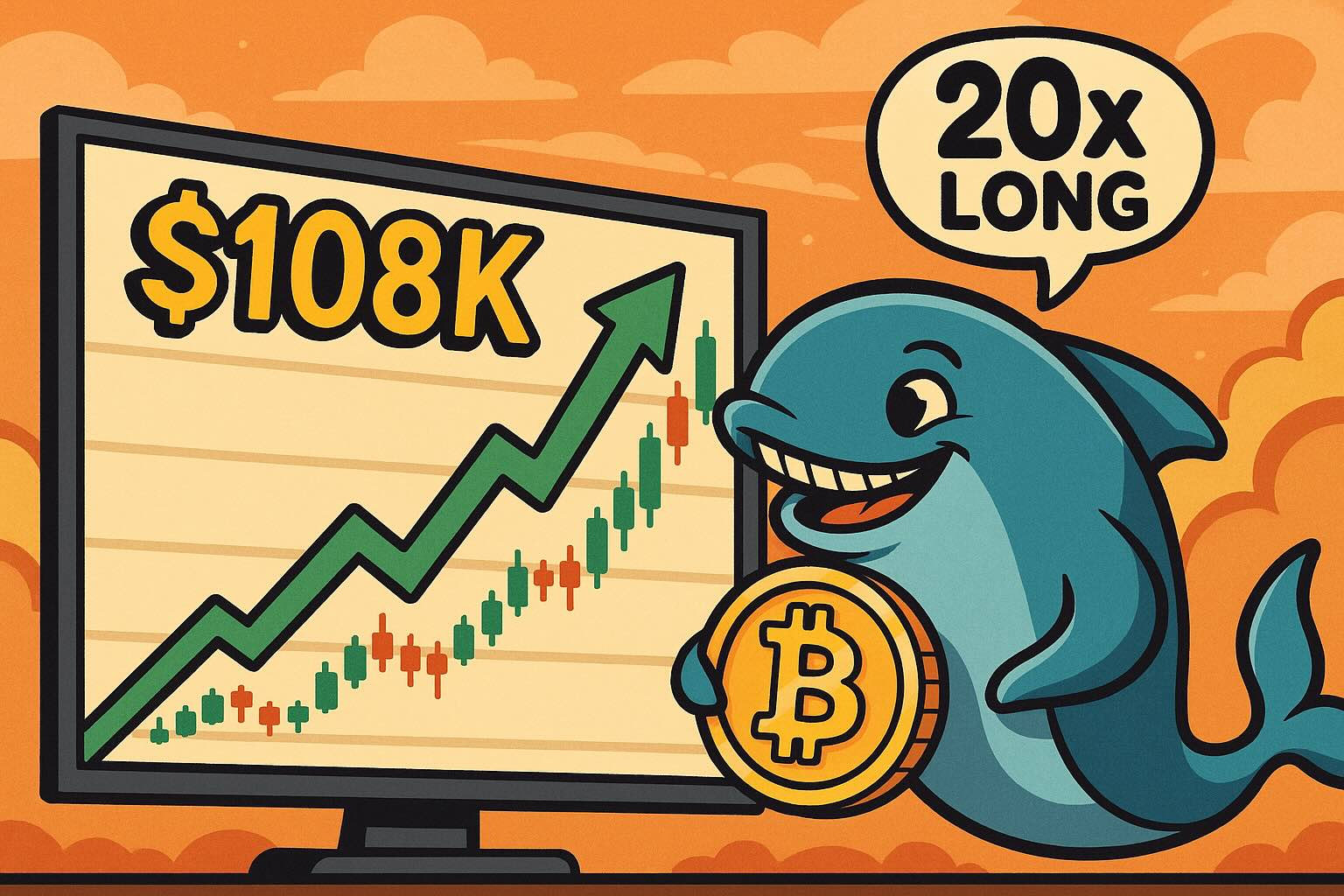 Bitcoin price chart showing rebound to $108K after whale enters 20× long