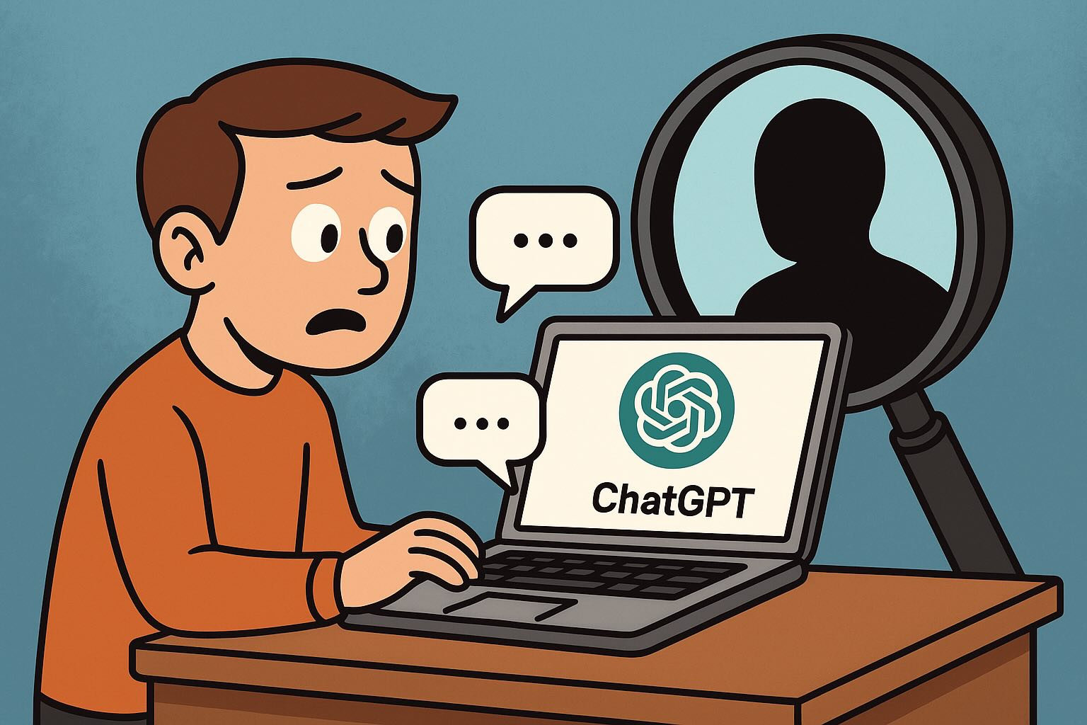 Illustration showing a person chatting with an AI assistant while being watched through a magnifying glass symbolising privacy risks with AI.