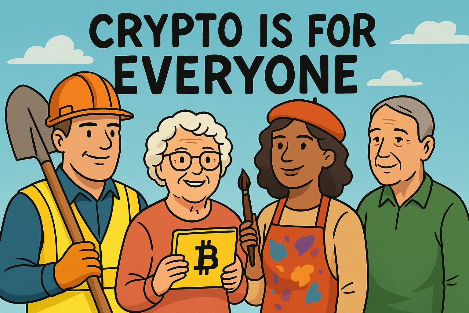 A diverse group of everyday Americans using cryptocurrency in daily life