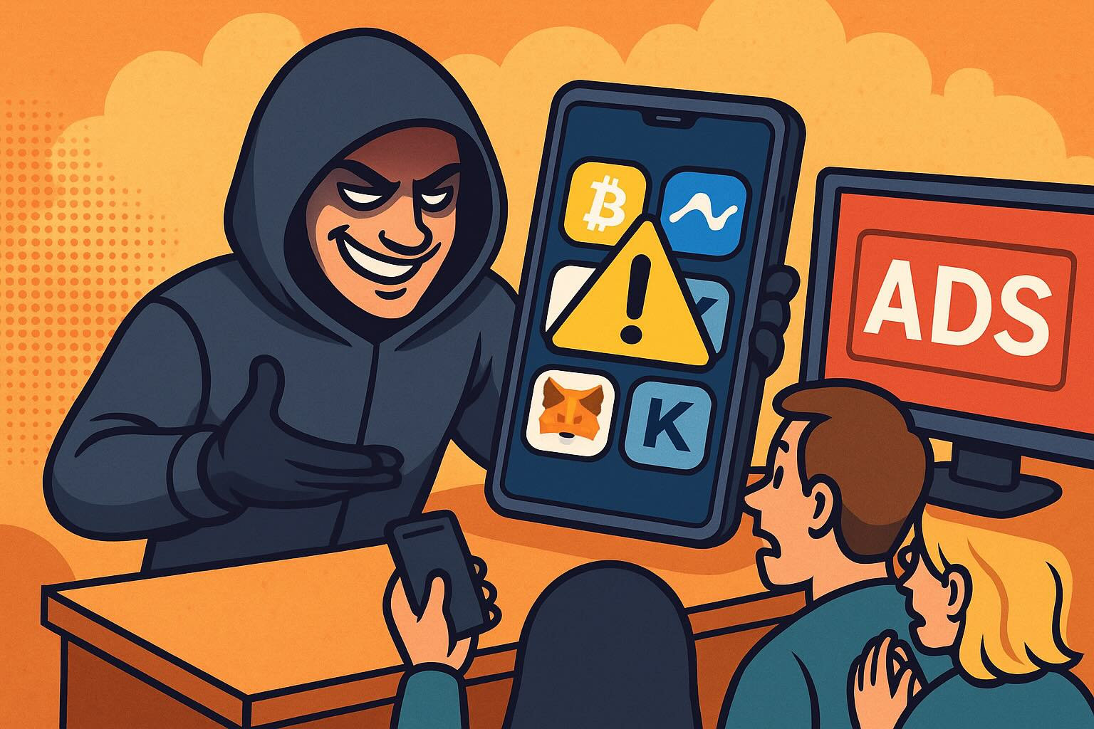 Illustration of a hacker spreading fake crypto apps to steal user credentials