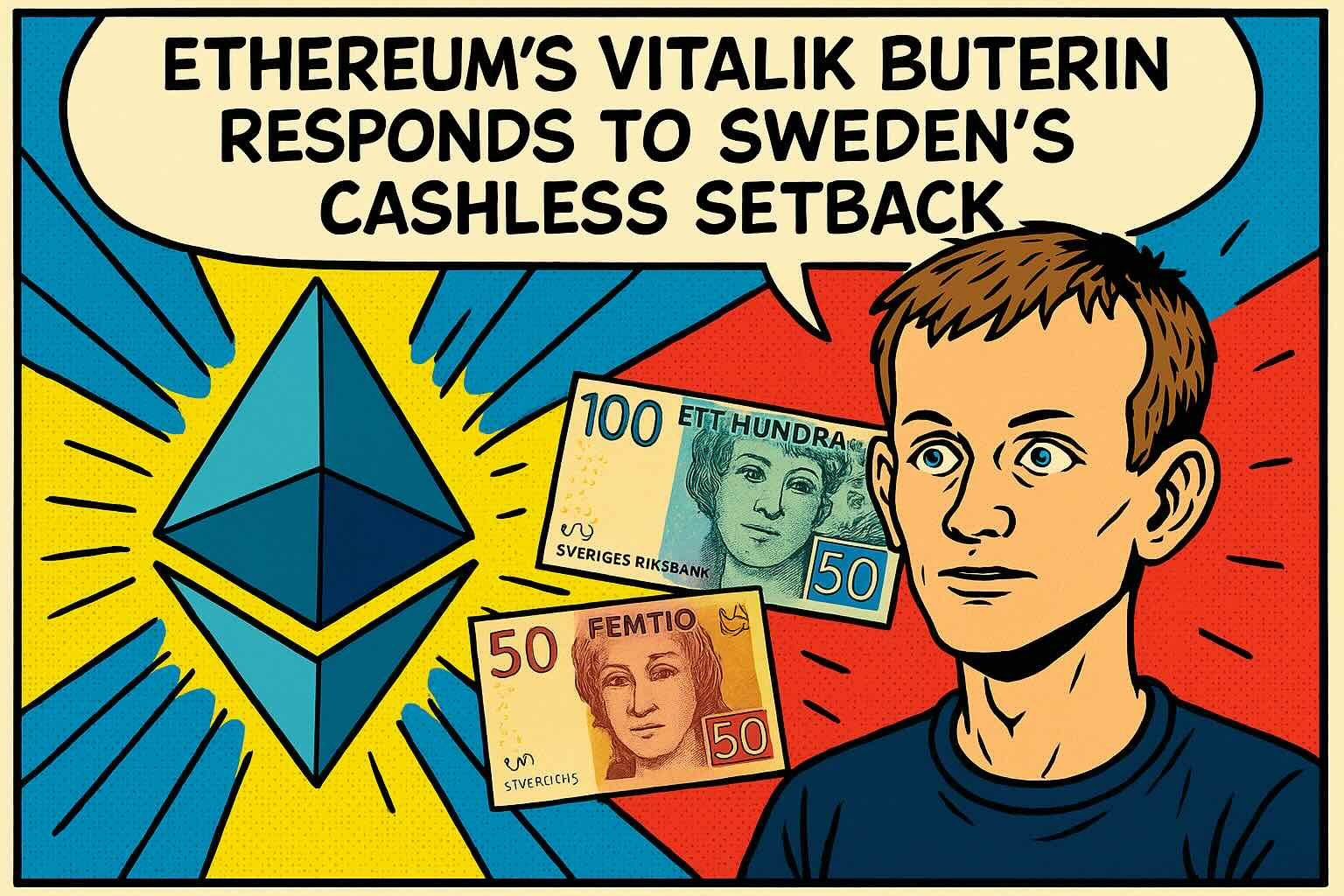Illustration of Ethereum symbol and Swedish currency in digital tension
