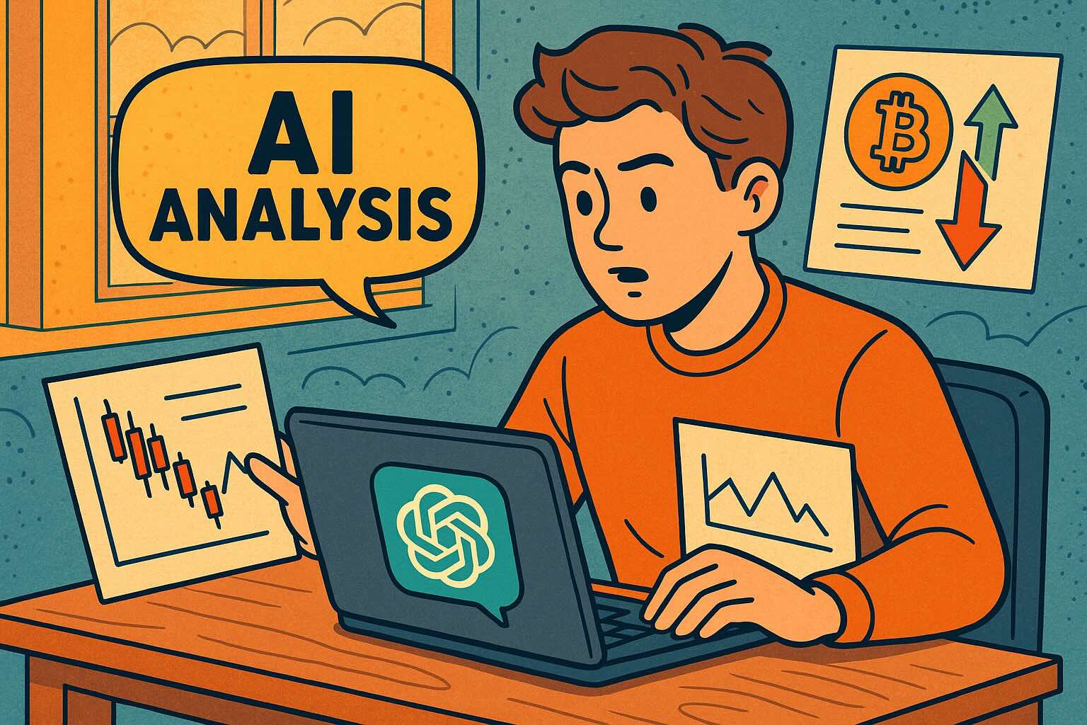 Illustration of ChatGPT analysing crypto headlines for trade signals