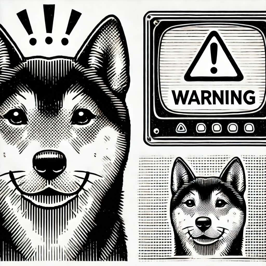 A digital warning sign with Shiba Inu cryptocurrency logo, alerting users about scams.