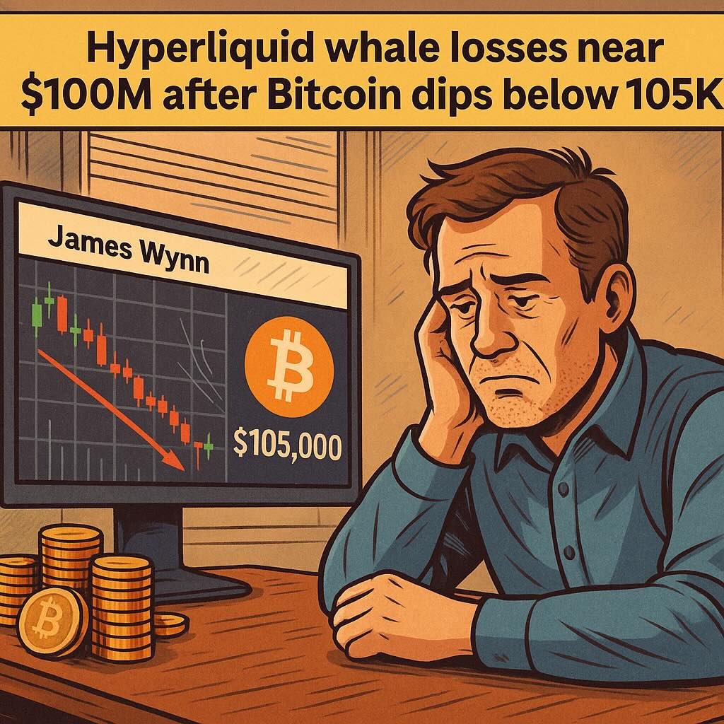 Illustration of a crypto trader watching Bitcoin drop on a screen, referencing Hyperliquid