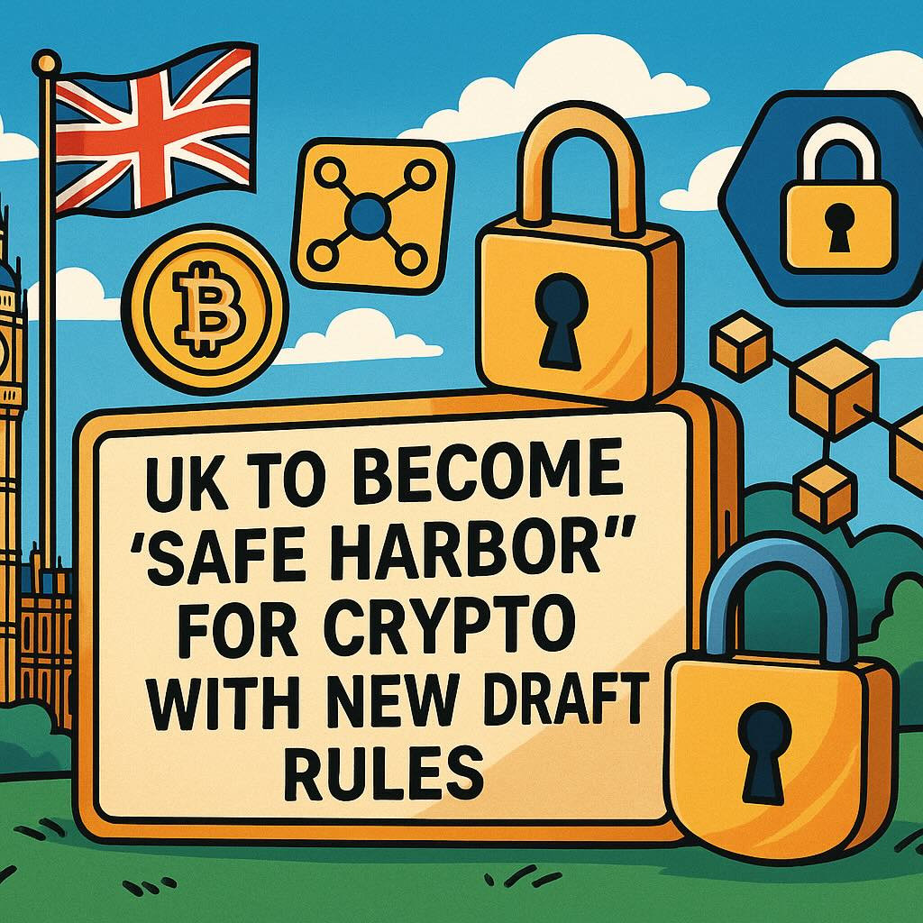 Illustration of UK Parliament and blockchain icons representing crypto regulation