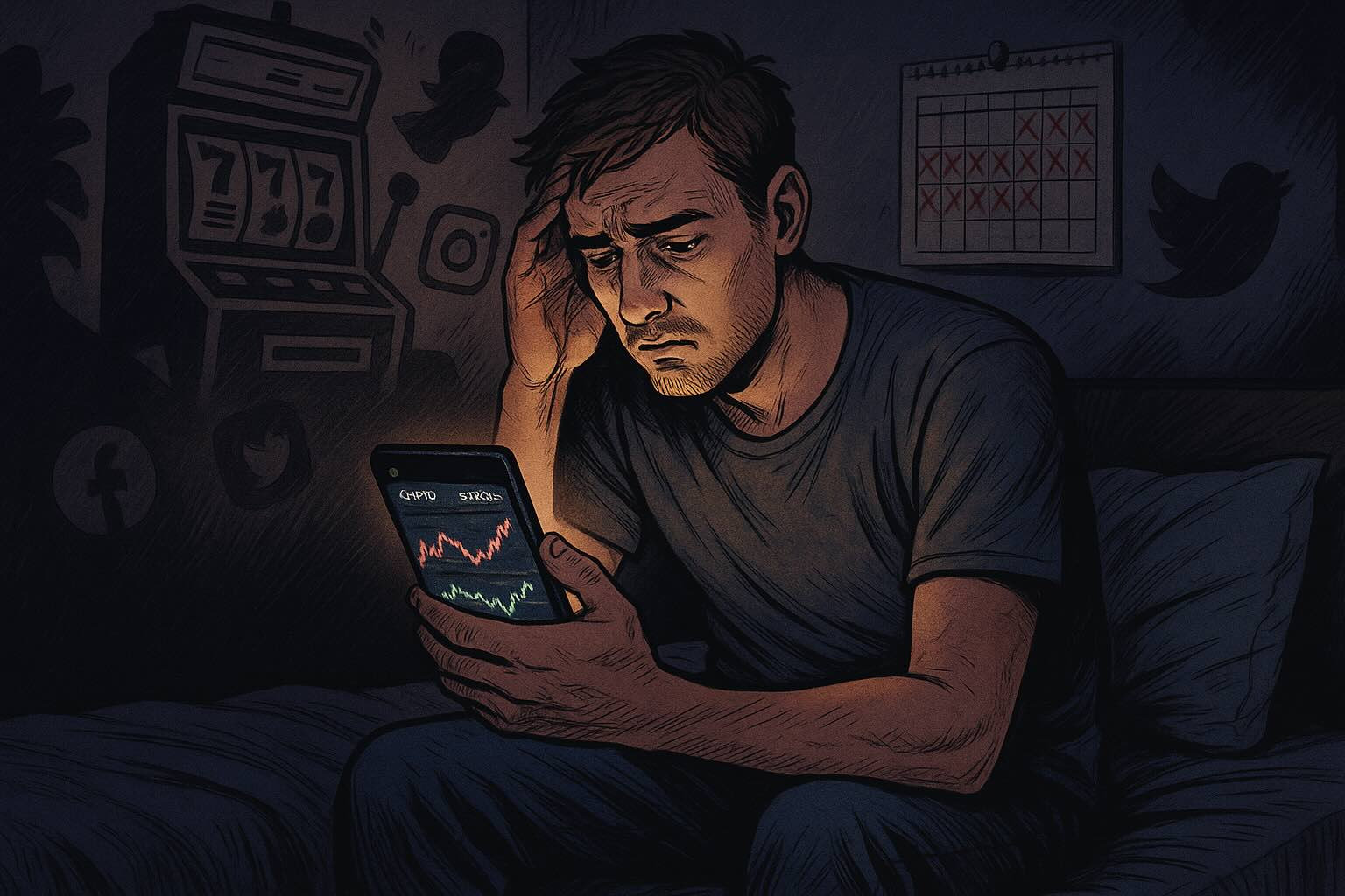 Stressed young man in bed checking trading graphs on his phone, with gambling and social media shadows behind him.