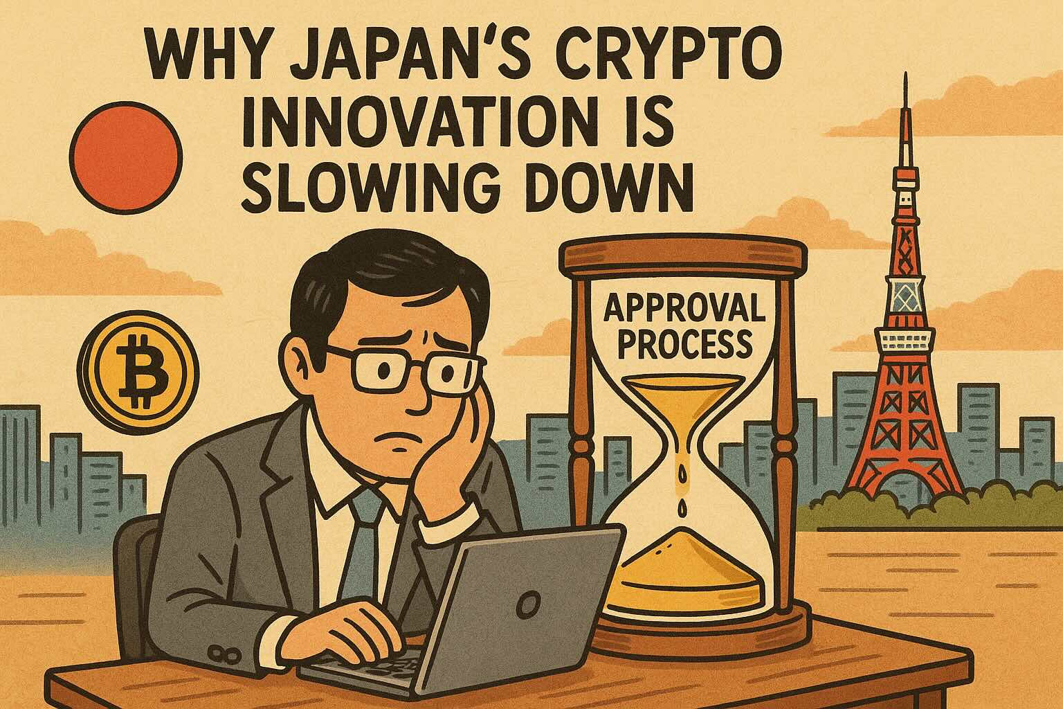 Japanese crypto startup founder looking concerned at delay in approval process.